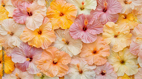 Close-up view of many hibiscus flowers in various pastel shades of peach, orange, and pink, forming a textured background.  Delicate petals and vibrant colors