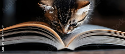Kitten engrossed in an open book