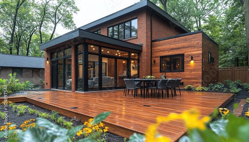 Wallpaper Mural Modern house with a wooden deck and table, surrounded by greenery. Showcase real estate, design, or idyllic outdoor lifestyle concepts. Torontodigital.ca