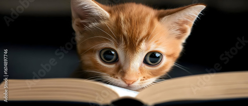 Curious kitten peering over an open book