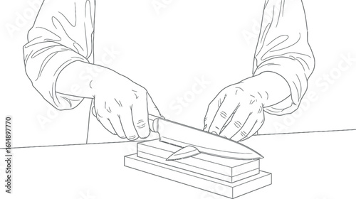 Detailed Line Art Illustration of Hands Sharpening a Kitchen Knife on a Whetstone