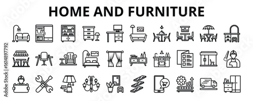 30 Home and Furniture Line Icons Vector - sofa, wardrobe, cabinet, kitchen, catalog, gallery, carpenter