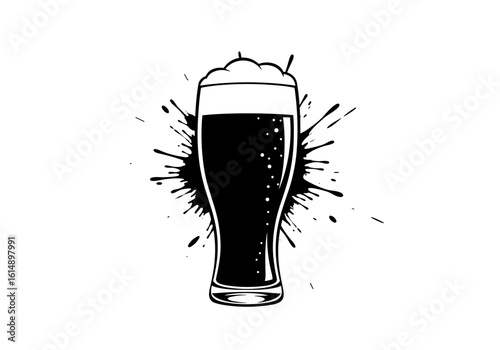 Beer glass silhouette with splash effect, black and white style, refreshing drink design