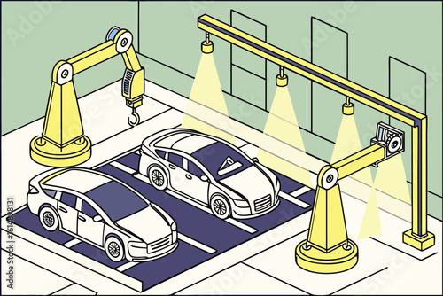 Isometric view of a car factory with robotic arms and cars under bright lights in a workshop space