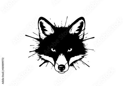 Artistic black and white illustration of a fierce fox head with splashes in the background