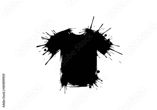 Artistic black and white illustration of a t-shirt silhouette with splash background