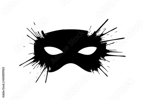 Artistic black and white illustration of a masquerade mask with splash background