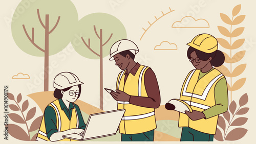 Three construction workers in safety vests and hard hats working in outdoor environment scenery