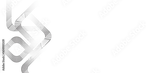 Minimalist black-and-white geometric maze pattern with curved line grids fading into white. Ideal for technology, abstract, and modern design backgrounds.