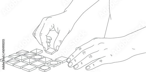 Hands Arranging Square Tiles Line Art - Connection, Strategy & Building Concept