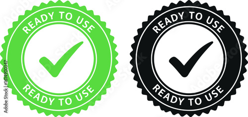 A set of green and black 'Ready to Use' seals with a checkmark icon. This graphic is ideal for product packaging, software interfaces, 