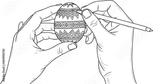Hands Decorating Intricate Easter Egg Line Art Illustration