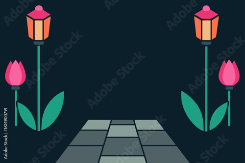 Night scene with lamps and path