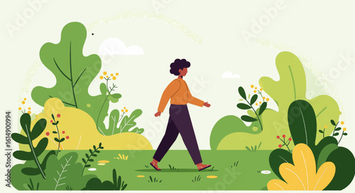 Woman walking in nature, green foliage, peaceful stroll