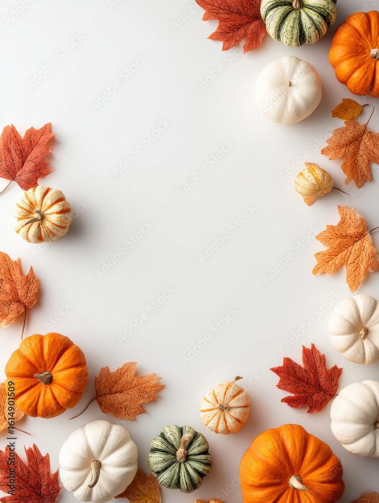 Fototapeta premium Eco Autumn Frame with Mini Pumpkins and Maple Leaves on White Background, Rustic Seasonal Decor Template for Eco-Friendly Packaging and Invitations, Selective Focus