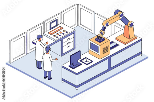 Isometric view of automated manufacturing with scientists and robotic arm in a clean room setting