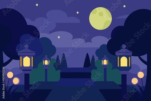 Night garden with moon light