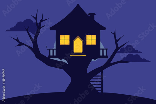 Silhouette of treehouse at night