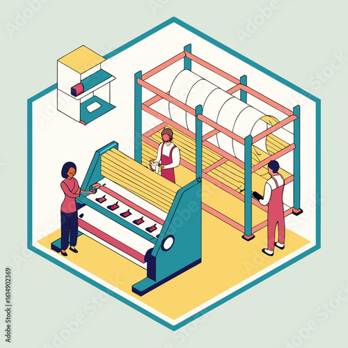 Isometric view of garment factory with workers operating machinery and organizing materials on shelves