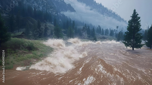 Floodwaters surge through a valley,  overtopping banks.  A raging torrent,  surrounding  a rustic homestead and a  dense forest.  Misty mountains in the background