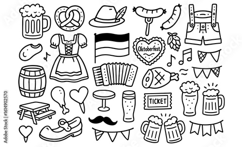 Oktoberfest doodle icons featuring traditional bavarian symbols
