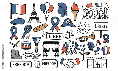 French national symbols in doodle style featuring liberty and heritage elements