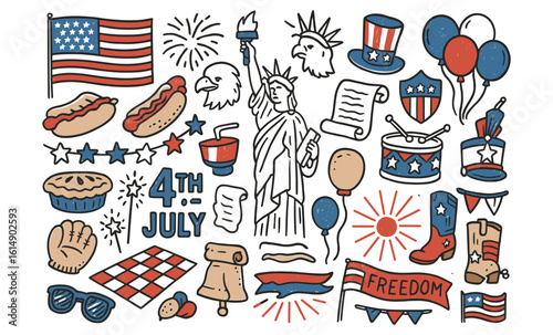 Fourth of july doodle set celebrating american independence day icons