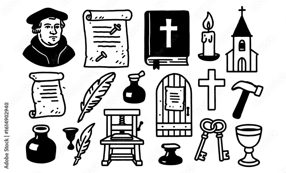 Obraz premium Reformation icons: black and white doodles of historical symbols and figures