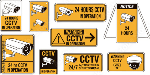 A collection of vector CCTV and security camera warning signs, ideal for use on websites, in security brochures, for printing safety notices, or as graphic icons for articles on surveillance and prote