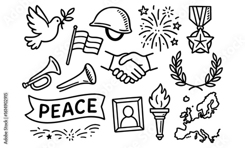 Peace and harmony symbols: hand drawn collection with international elements