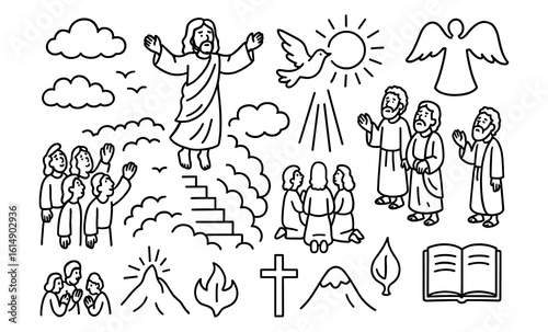Ascension and faith symbols in linear style: cloud, dove, cross, and figures