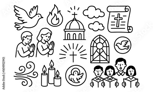 Simple religious symbols and icons in black and white line art style