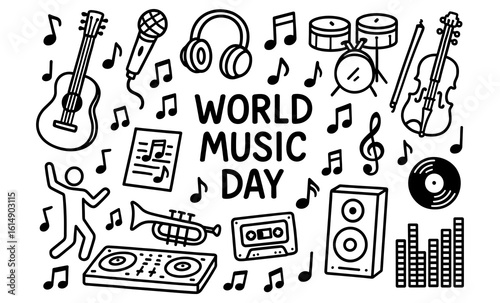 World music day celebration in doodle style with instruments and musical notes