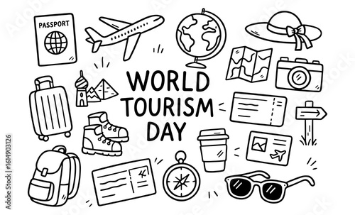 Hand-drawn travel icons celebrating world tourism day with globe, airplane, and camera