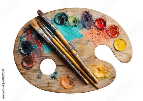 Wooden artist's palette, vibrant colors, paintbrushes