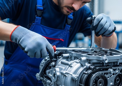 Technician working on a vehicle transmission