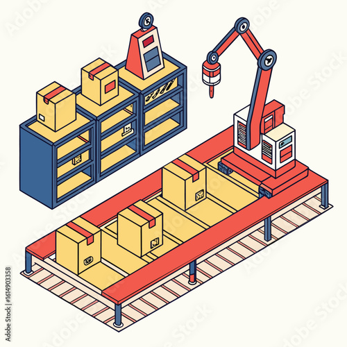 Isometric view of a factory setup with robotic arm, conveyor belt, boxes, and storage shelves system