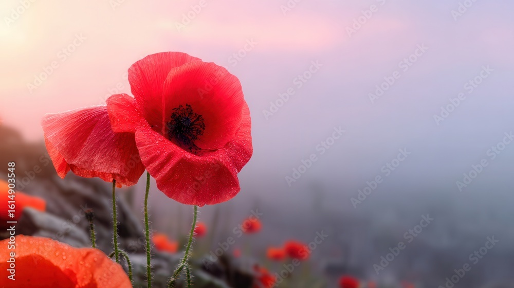 Obraz premium Red poppy flowers blooming in misty meadow