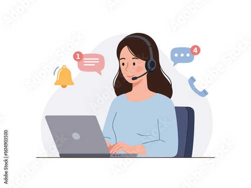 Woman hotline operator wearing headphones and microphone typing on laptop. Call center, customer service, assistance concept. Vector illustration.