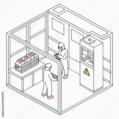 Isometric view of two workers in clean suits inside a cleanroom with equipment and containers visible