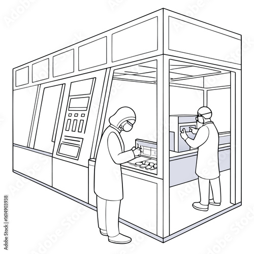 Two workers in lab coats and masks working in a cleanroom environment with equipment and controls inside