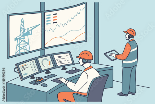 Two workers in a control room monitoring screens with data, diagrams, and a power transmission tower