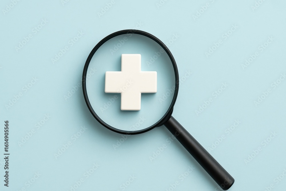 Fototapeta premium Healthcare Research Insights with Black Magnifying Glass on Medical Cross Pastel Blue Background Flat Lay View
