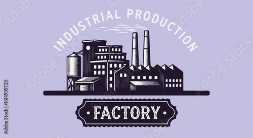 A vintage-style logo or illustration of an industrial factory. This graphic is perfect for a company logo, branding materials for manufacturing businesses, or as an icon for topics 