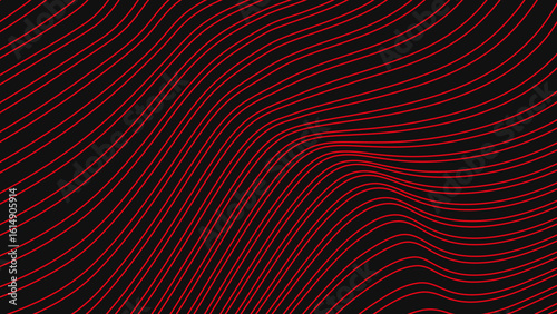 A red abstract background. A disordered striped dark texture. A deformed red and black backdrop. Technological or digital curved background.