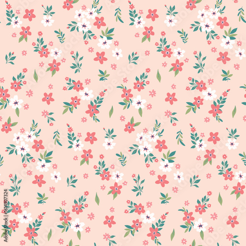 Seamless floral pattern, liberty ditsy print in romantic rustic motif. Delicate botanical design of small hand drawn flowers, tiny leaves, simple cute bouquets on pink field. Vector illustration.