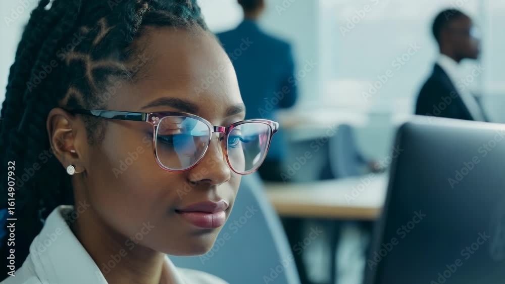 Young African American woman with multi colored dread locks in front of laptop monitor in office. A moment of clarity as she navigates her laptop, embodying professionalism.
