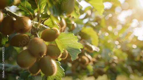 A kiwi tree with clusters of ripe kiwis