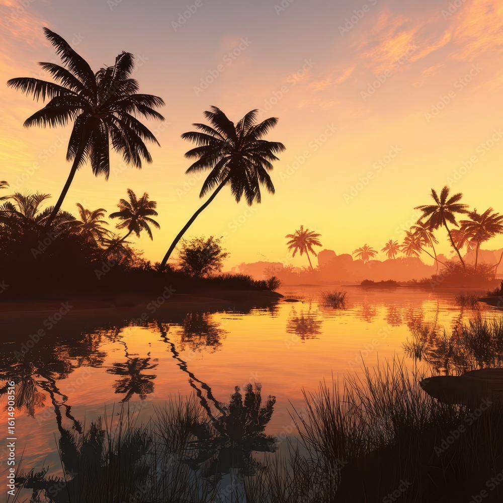 Obraz premium Tropical sunset over a serene river.