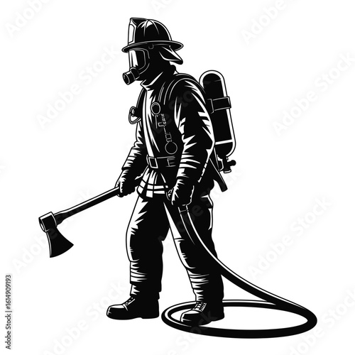 Firefighter in protective gear holding an axe and hose